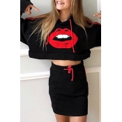 Leisure Hooded Collar Printed Black Cotton Blends 