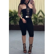 Sexy Hollow-out Black Polyester One-piece Jumpsuit
