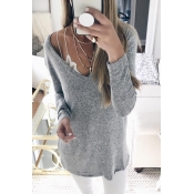 Leisure V Neck Long Sleeves Grey Blending Shirts