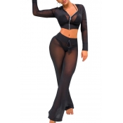 Sexy See-Through Black Polyester Two-piece Pants S