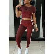 Leisure Round Neck Patchwork Wine Red Polyester Tw