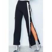 Trendy Elastic Waist Side Split Black Polyester Pa