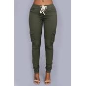 Casual Elastic Waist Army Green Cotton Blends Pant