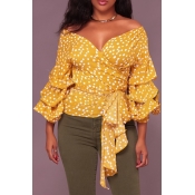 Sexy V Neck Polka Dot Design Yellow Cotton Shirts