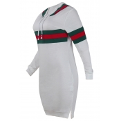 Leisure Hooded Collar Striped Patchwork White Cott