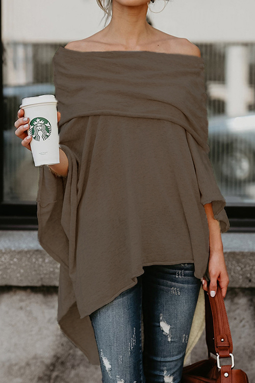 

Lovely Sexy Dew Shoulder Asymmetrical Coffee Blending T-shirt