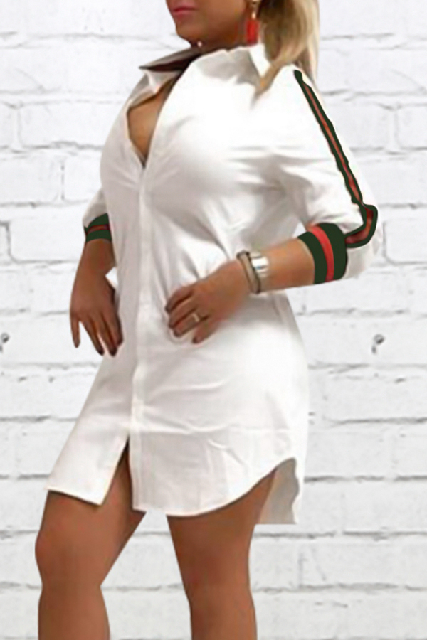 

Fashionable Turndown Collar Striped White Polyester Mini Dress