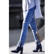 denim Solid Zipper Fly High Regular Pants Jeans