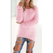 Lovely Fashionable Round Neck Long Sleeves Pink Kn