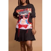 Leisure Round Neck Printed Black Polyester Knee Le