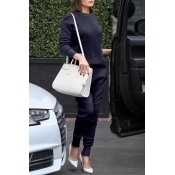 Casual Round Neck Long Sleeves Deep Blue Cotton Tw