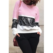 Fashionable Round Neck Lace Patchwork Pink Polyest