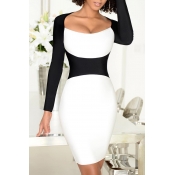 Sexy Square Neck Patchwork White Polyester Mini Dr