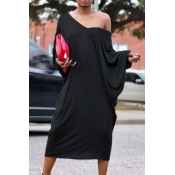 Casual V Neck Hollow-out Black Polyester Mid Calf 