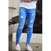 Trendy Broken Holes Light Blue Denim Pants for men