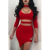 Sexy Turtleneck Hollow-out Red Polyester Mini Dres