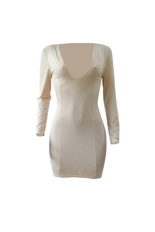 Sexy V Neck Hollow-out Beige Polyester Sheath Mini Dress от Lovelywholesale WW