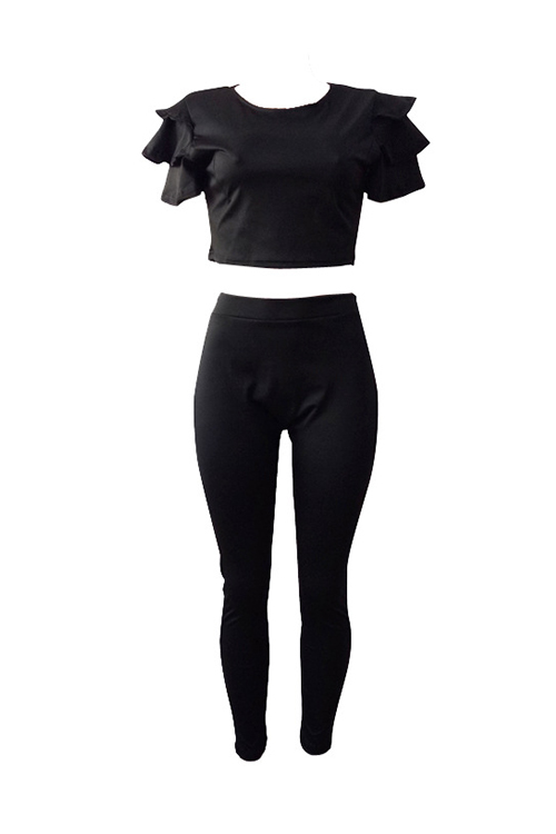 Casual Round Neck Layered Lotus Leaf Sleeves Black Twilled Satin Two-Piece Pants Set(Without Accessories) от Lovelywholesale WW