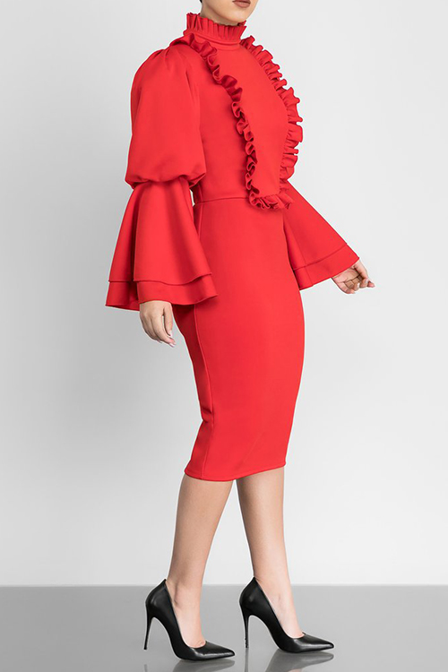 Vintage Mandarin Collar Trumpet Sleeves Ruffle Design Red Polyester Knee Length Dress от Lovelywholesale WW