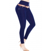 Trendy High Waist Button Design Blue Denim Jeans(W