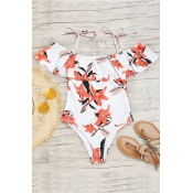 Sexy Floral Printed White Polyester Teddy Swimwear