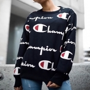 Casual Round Neck Printed Black Polyester Hoodies(