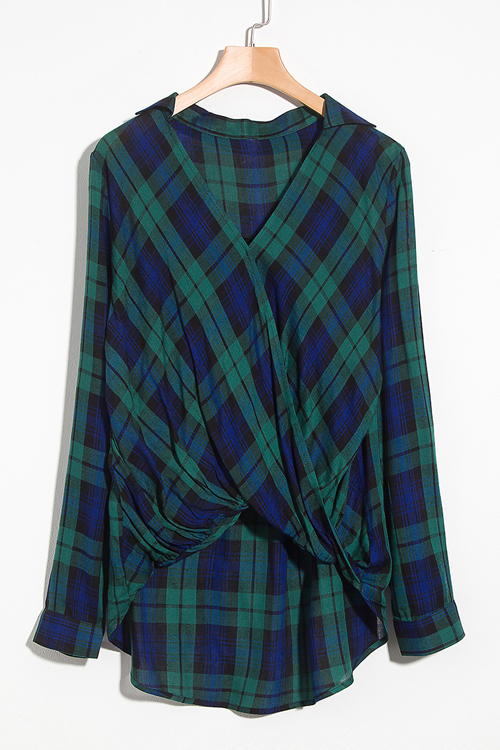 

Lovely Casual V Neck Crossed Design Plaid Printed Green Cotton Shirts