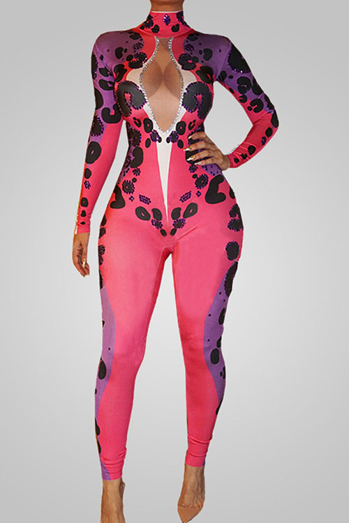 

Lovely Trendy Turtleneck Hollow-out Printed Polyester One-piece Jumpsuits