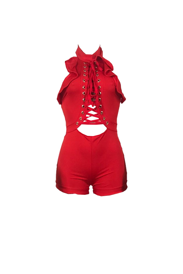 Lovely Trendy Halter Neck Lace-up Ruffle Design Red Cotton Blends One-piece Short Jumpsuits от Lovelywholesale WW
