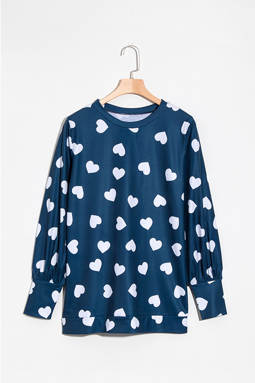 

Lovely Fashion Round Neck Heart-shaped Printed Dark Blue Blending T-shirt