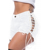 Casual Mid Waist Broken Holes Lace-up White Denim 
