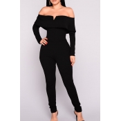 Lovely Sexy Dew Shoulder Falbala Design Black Poly