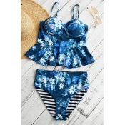 Lovely Sexy Floral Printed Falbala Design Blue Pol