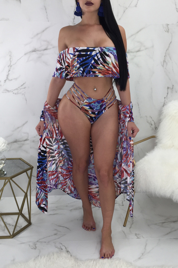 Lovely Sexy Hollow-out Floral Printed Blue Polyester Two-piece Swimwears(With Cover-up)
