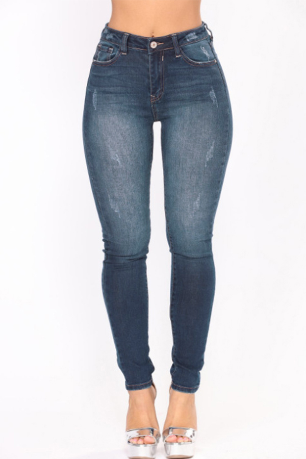Lovely Fashion Mid Waist Dark Blue Denim Zipped Jeans