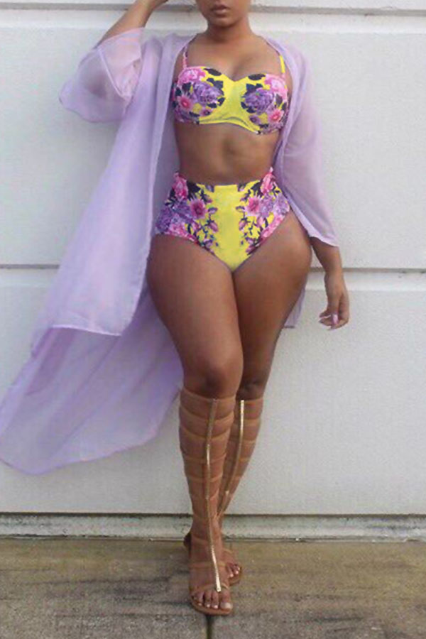 

Lovely Sexy Printed Yellow Two-piece Swimwear (Without Shawl)