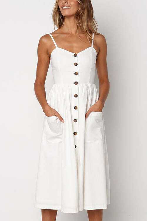

Lovely Fashion Spaghetti Strap Sleeveless Single Breasted White Blending Mid Calf Dress