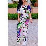 Lovely Trendy Bateau Neck Ruffle Floral Printed Wh