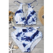 Lovely Sexy Lace-up Hollow-out Cloud Printed Blue 