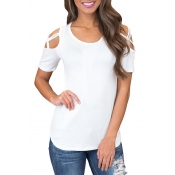 Lovely Casual Round Neck Broken Holes White Cotton