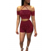 Lovely Sexy Bateau Neck Nailed Pearl Wine Red Twil