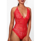 Lovely Sexy V Neck See-Through Red Lace Teddies