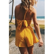 Lovely Sexy Round Neck Backless Bandage Yellow Pol