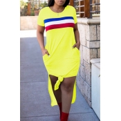 Lovely Casual Round Neck Striped Side Slit Yellow 