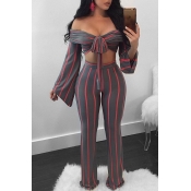 Lovely Stylish Bateau Neck Striped Red Polyester T