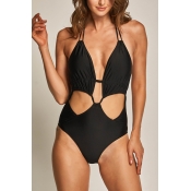 Lovely Trendy Hollow-out Black Spandex One-piece S