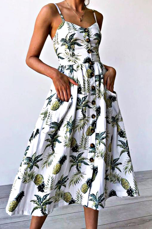 

Lovely Fashion Spaghetti Strap Sleeveless Printed Green Cotton Blend Knee Length Dress