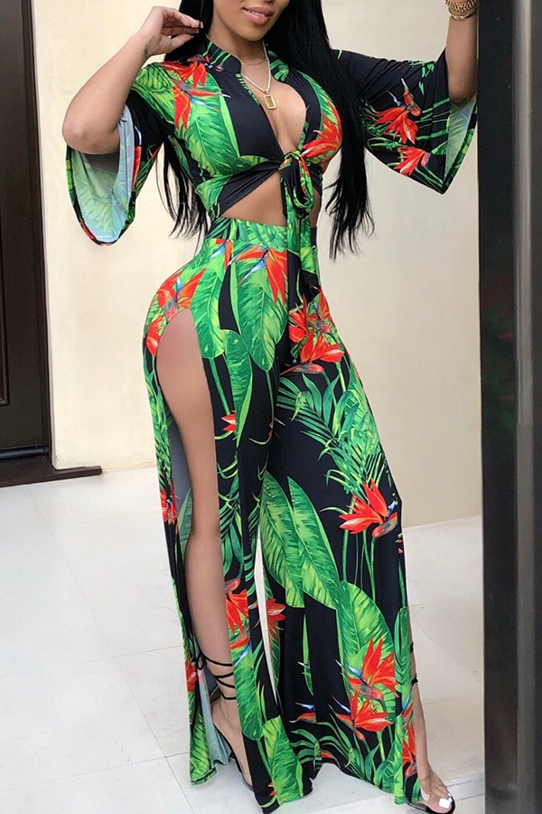 

Lovely Bohemian V Neck Printing Side Slit Lace-up Green Polyester Two-Piece Pants Set