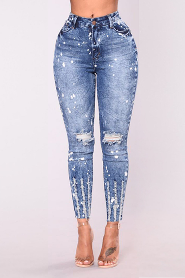 

Lovely Trendy Mid Waist Broken Holes Blue Denim Zipped Jeans