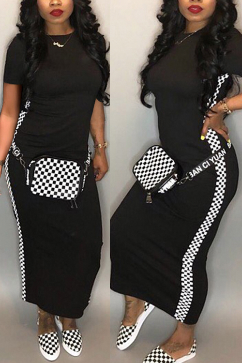 

Lovely Fashion Round Neck Grid Printed Black Blending Ankle Length Dress